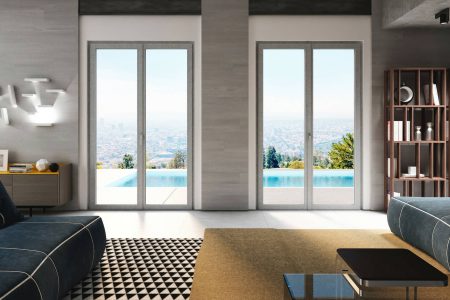 Un esempio di arredamento moderno con finestre effetto cemento