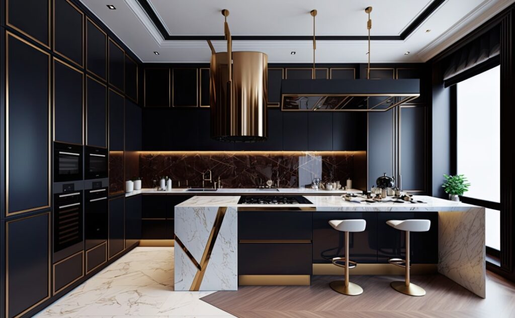 Cucina ad isola con top in marmo e dettagli oro in perfetto stile art dèco