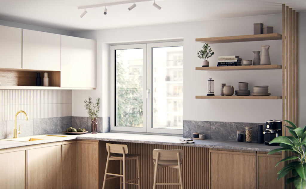Cucina con finestra in PVC Squareline di Oknoplast