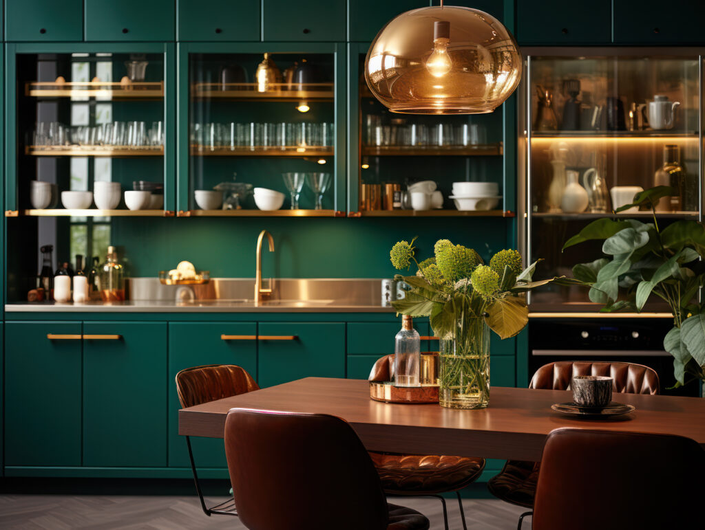 Cucina elegante in stile massimalista con mobili verde ottanio, finiture in ottone, lampada sospesa in vetro ambrato e dettagli decorativi raffinati