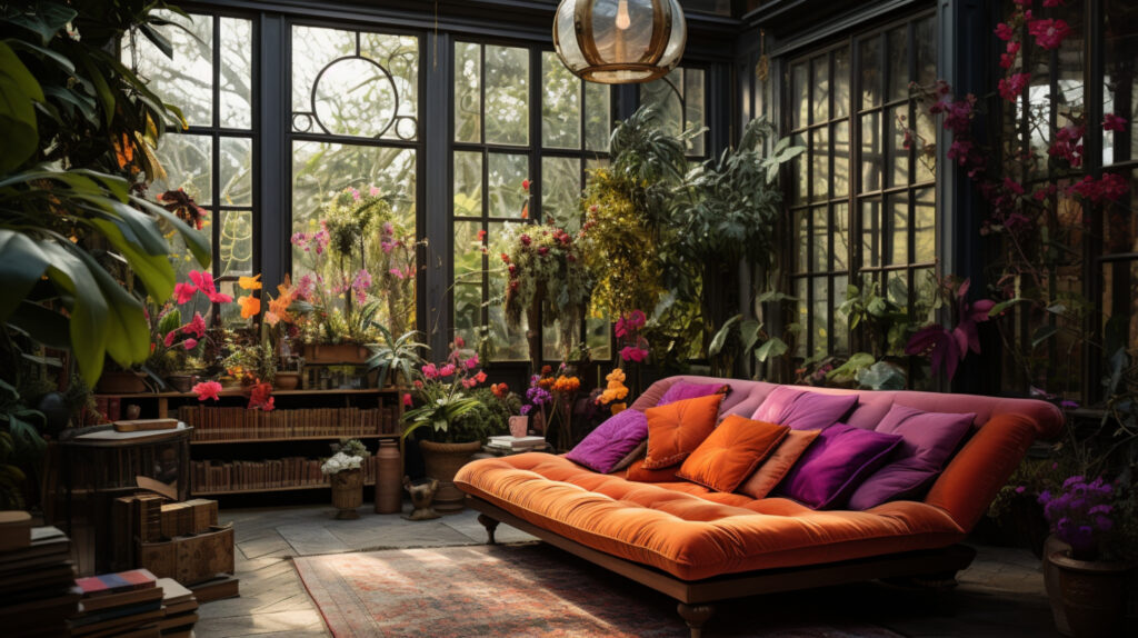  Divano arancione con cuscini fucsia e viola in una veranda molto luminosa con infisso in alluminioi, esempio perfetto di interior design in stile massimalista che celebra colore, natura e abbondanza decorativa