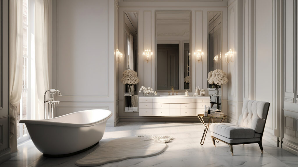 Bagno con boiserie in legno e infissi luminosi Oknoplast