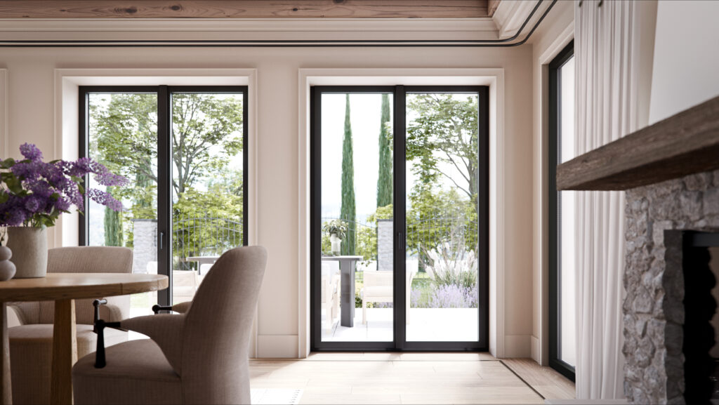 Ambiente elegante con ampie finestre Prolux+ di Oknoplast dai profili neri