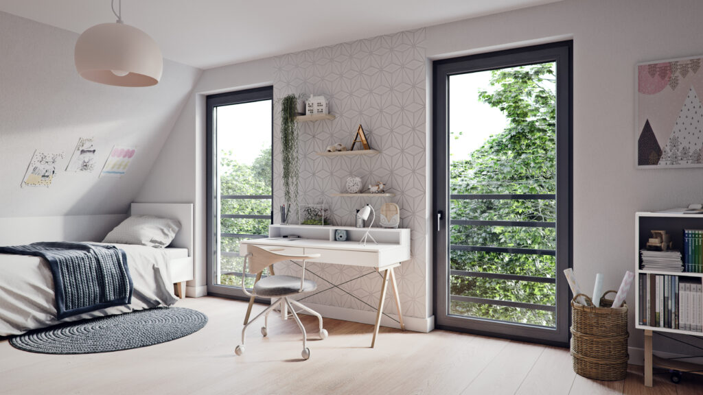 Camera luminosa in stile Hygge con finestre Oknoplast dai profili sottili. L’ampia luce naturale valorizza l’arredo e crea un ambiente accogliente, ideale per rilassarsi.
