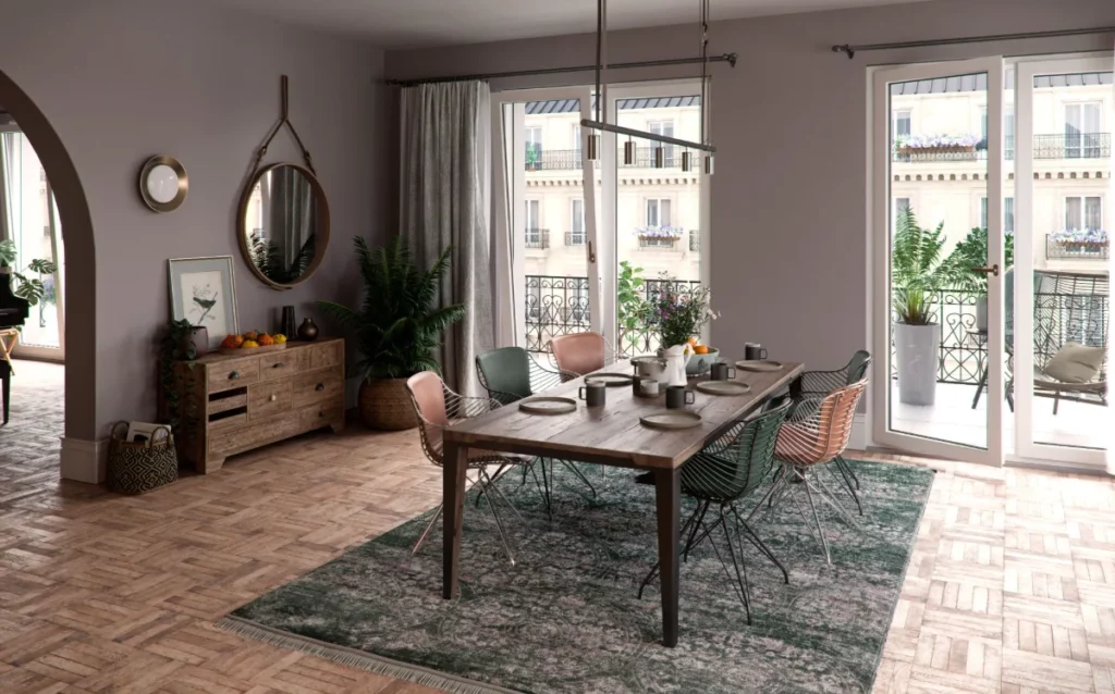 Zona pranzo open space con tavolo in legno, sedie di design e un grande tappeto, collegata a un salotto accogliente.