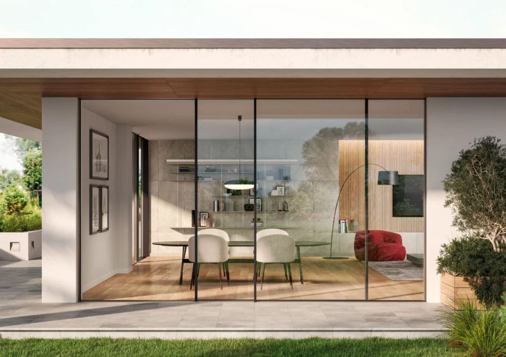 Ambiente interno moderno con tavolo e sedie.