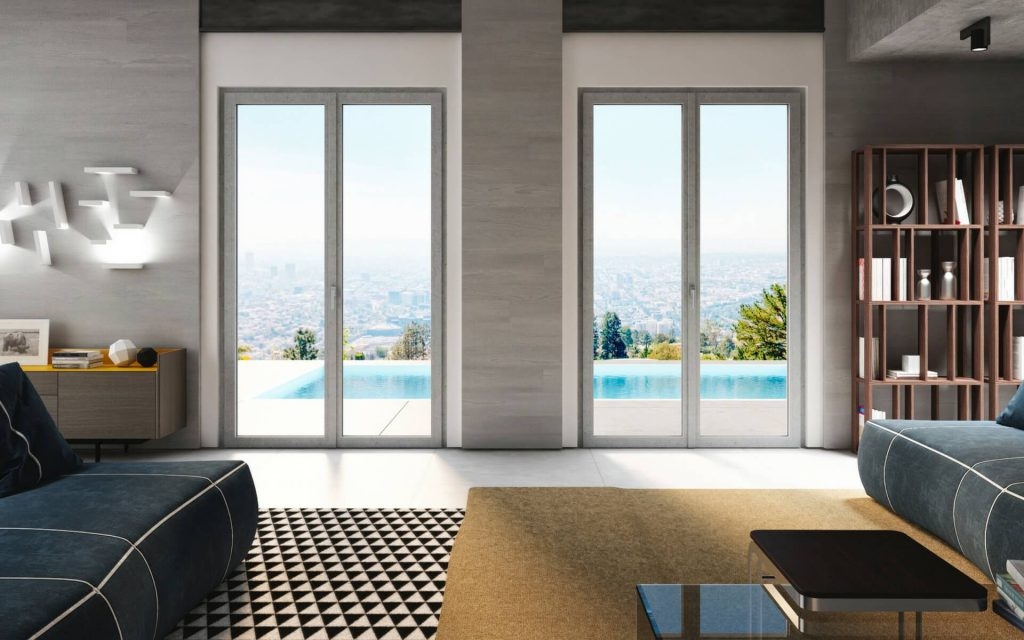Un esempio di arredamento moderno con finestre effetto cemento