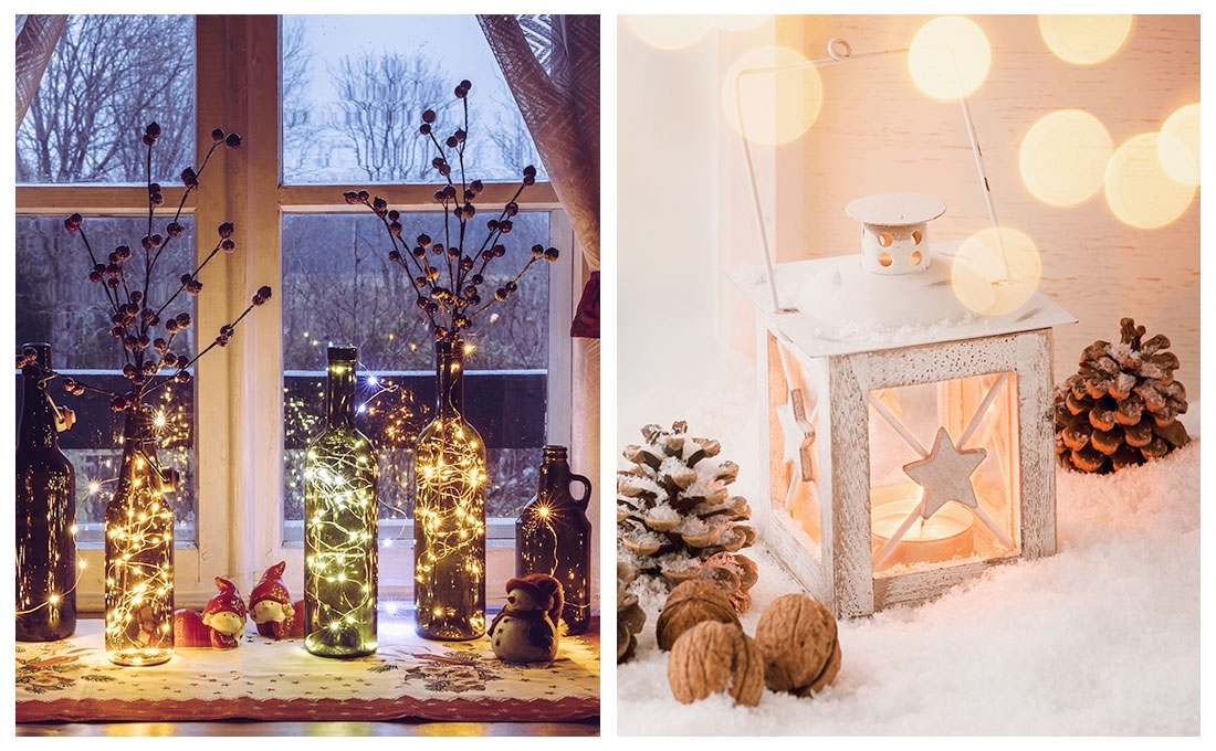 Candele e luci per decorare le finestre durante il periodo natalizio 