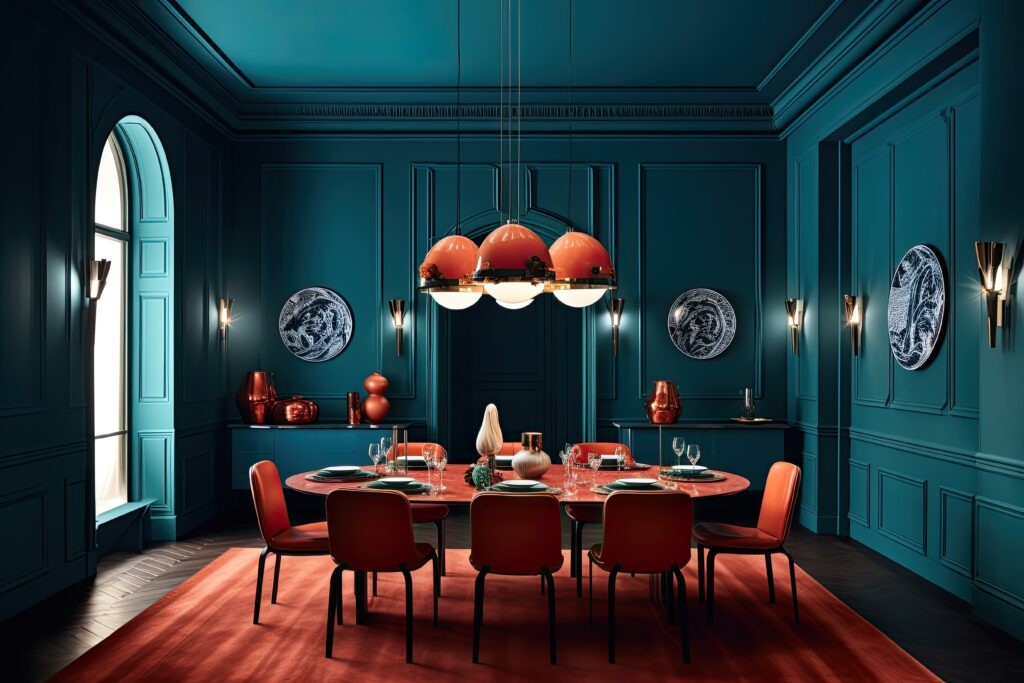 Sala da pranzo in stile massimalista con ampia finestra, pareti ottanio, arredi rosso corallo e finiture sofisticate, esempio di design d'interni audace ed eclettico