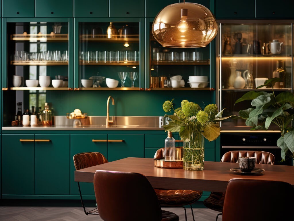 Cucina elegante in stile massimalista con mobili verde ottanio, finiture in ottone, lampada sospesa in vetro ambrato e dettagli decorativi raffinati