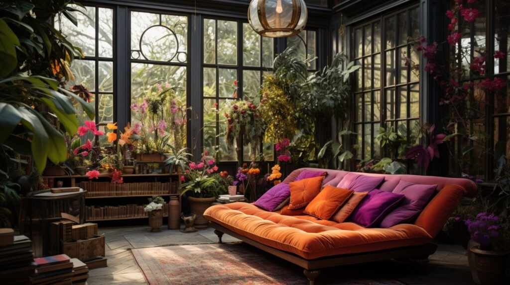  Divano arancione con cuscini fucsia e viola in una veranda molto luminosa con infisso in alluminioi, esempio perfetto di interior design in stile massimalista che celebra colore, natura e abbondanza decorativa
