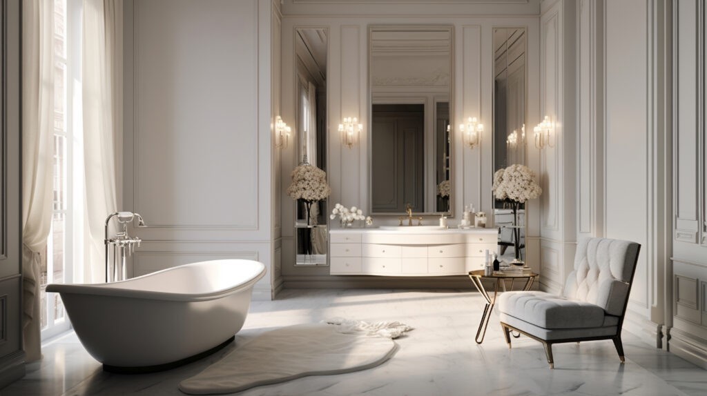 Bagno con boiserie in legno e infissi luminosi Oknoplast