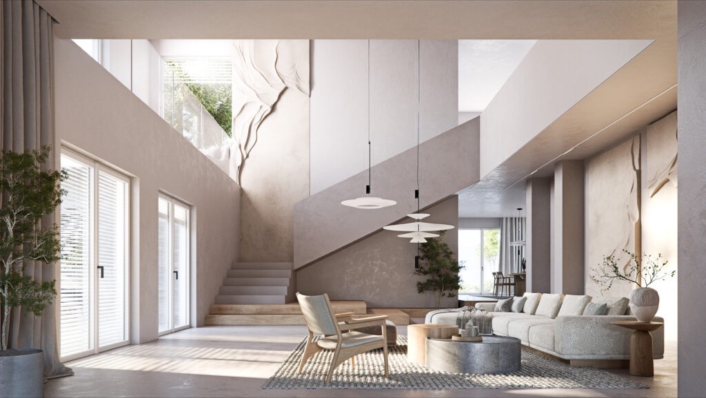 Soggiorno luminoso e raffinato con infissi Prolux+ di Oknoplast e arredi chiari