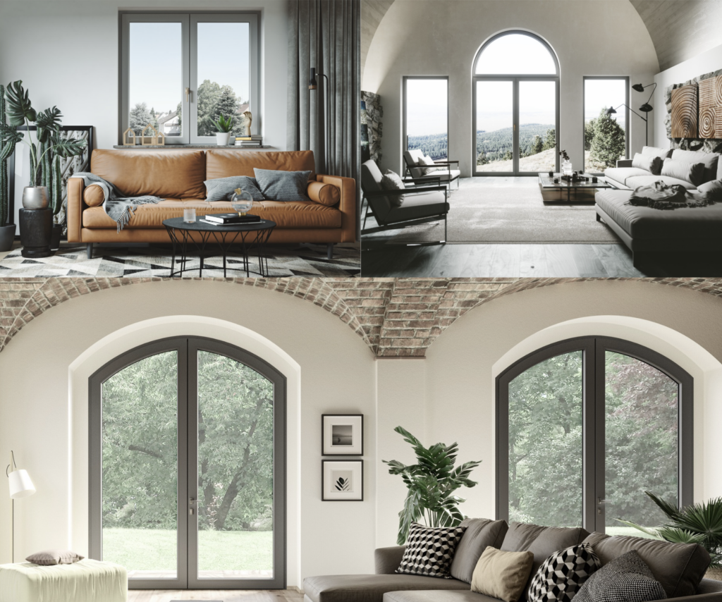 Soggiorni moderni e luminosi con ampie finestre Oknoplast dai profili sottili