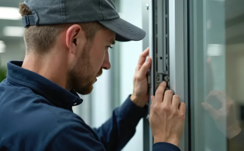 Tecnico installatore con cappellino blu che regola il meccanismo di una finestra o infisso