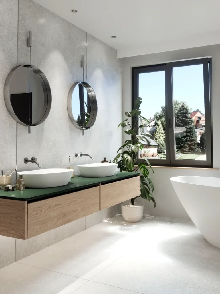 Bagno moderno con doppio lavabo sospeso, vasca da bagno freestanding e finestra con telaio scuro.