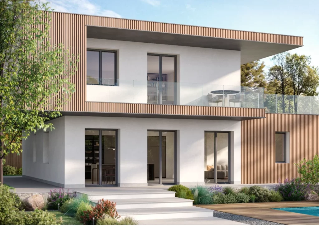 Villa moderna a due piani con facciata in legno e intonaco bianco, terrazza con parapetto in vetro e giardino.