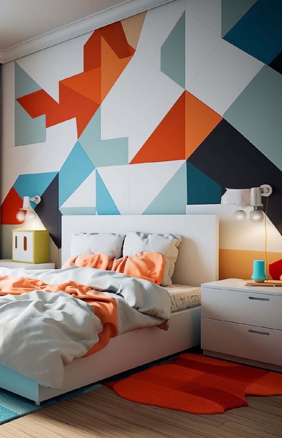 camera-da-letto-colorata-parete-geometrica-arancio-azzurro.jpeg